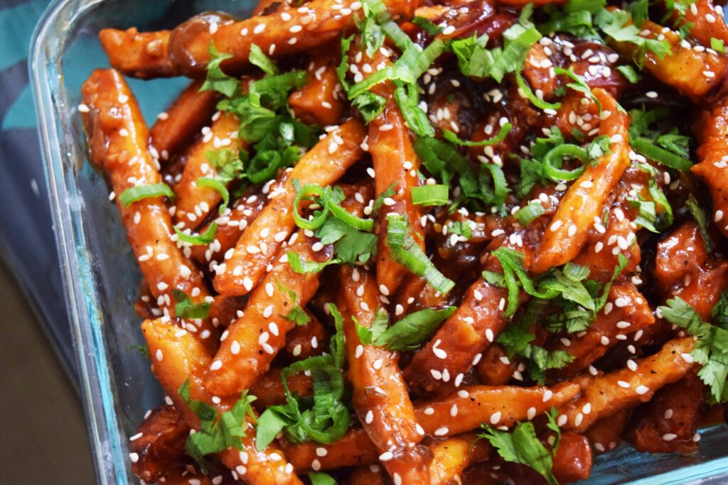 Crispy Oven-Baked Fries Served with Whipped Tofu and Chilli Sauce
