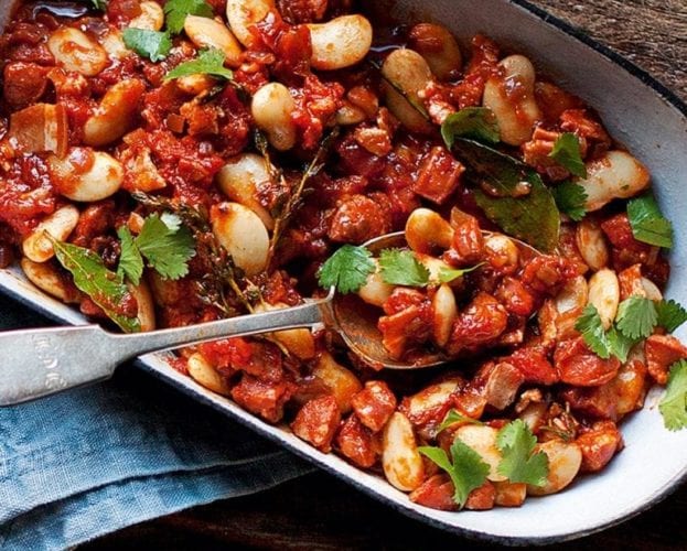 Crispy Butter Beans Tossed with Chorizo and Fresh Cos Salad