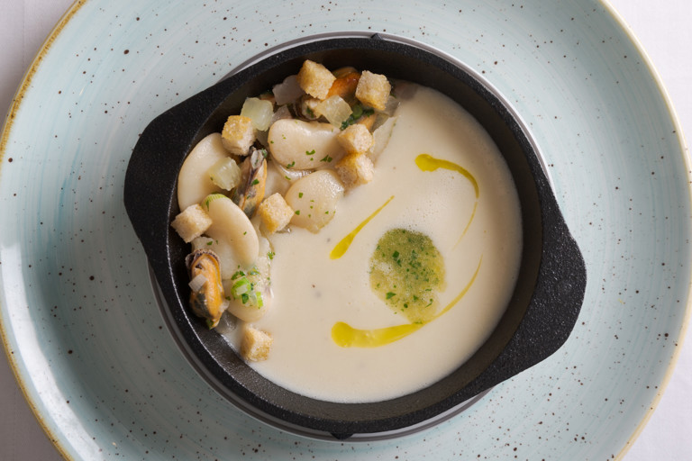 Creamy Butter Bean Velouté with Mushrooms and Onions