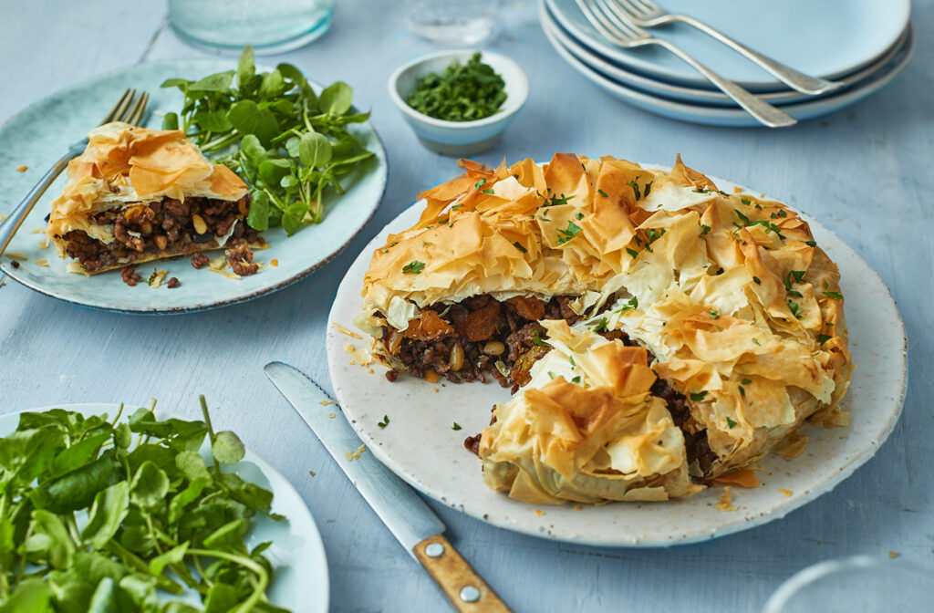 Moroccan Lamb Filo Pie Highlights Almonds, Carrots