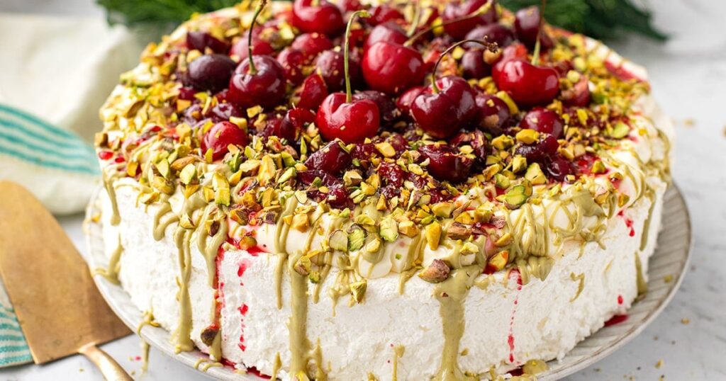 Pistachio and Cherry Meringue Cake Recipe Unveiled