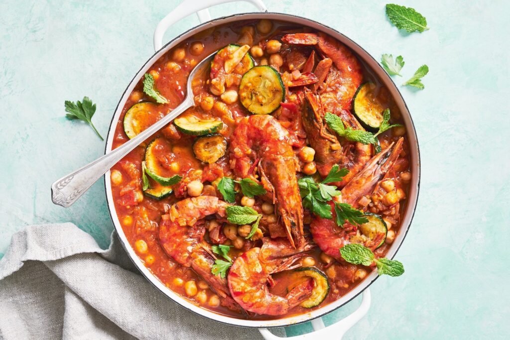 Prawn Tomato Fregola Stew Features Herb Pesto