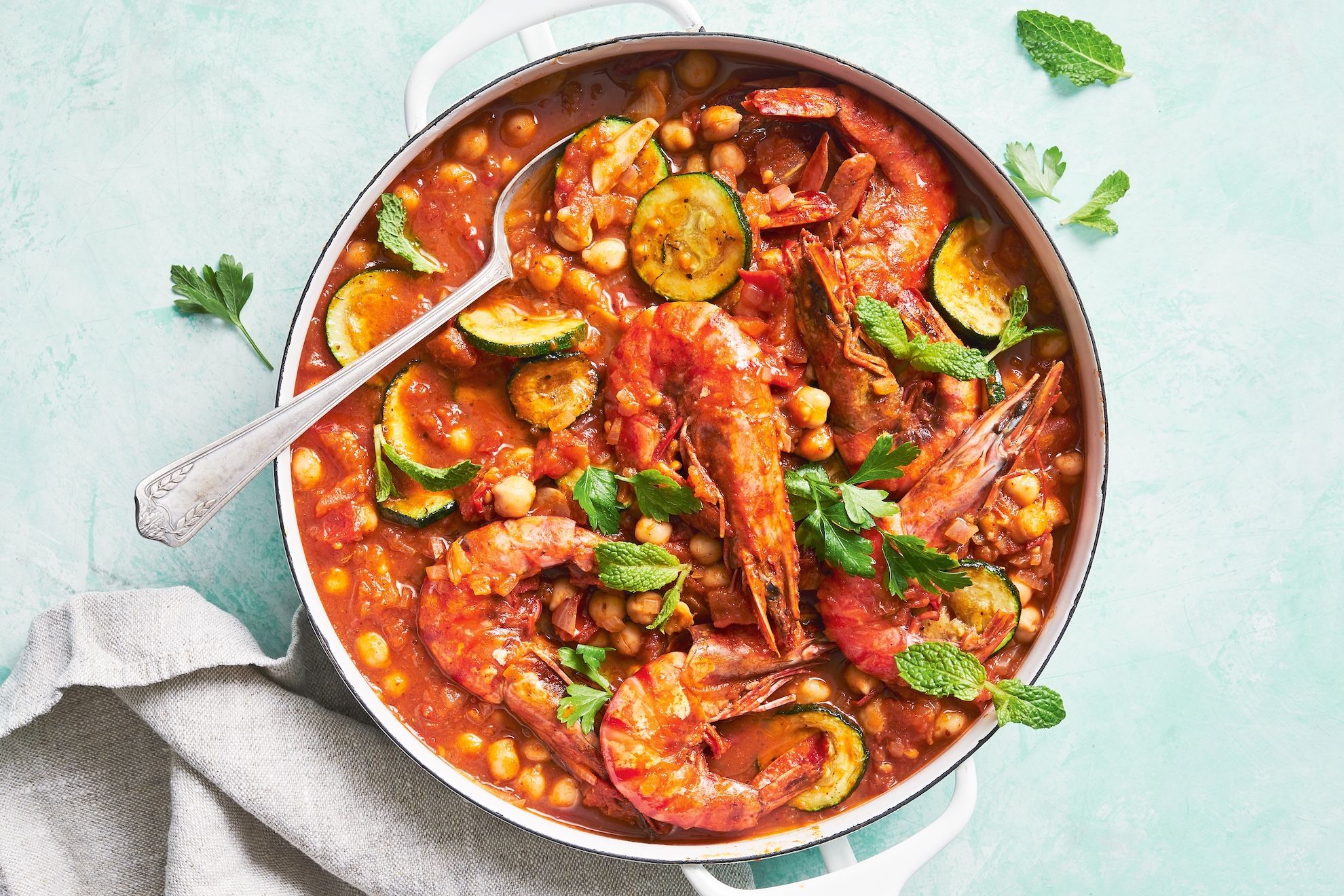 Prawn Tomato Fregola Stew Features Herb Pesto
