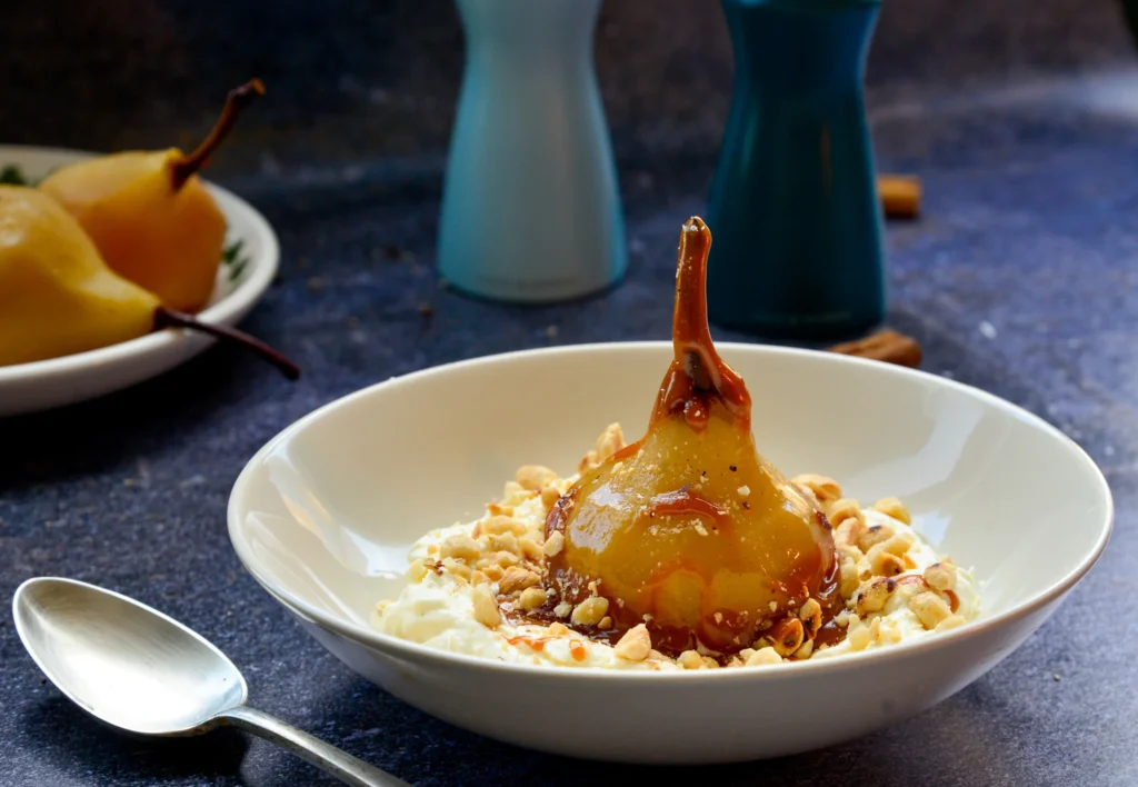 Spiced Hazelnut Crumble Elevates Poached Pears