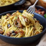 Ancho Mushroom Linguine With Onions and Chard