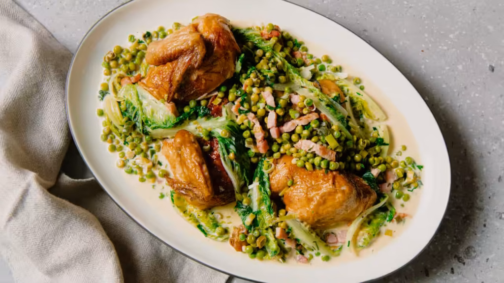 Braised Peas and Lettuce Elevate Roast Chicken