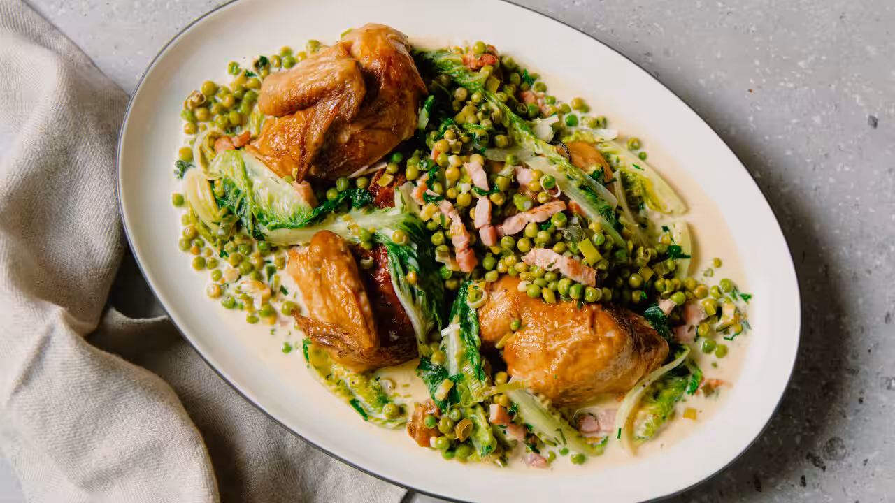 Braised Peas and Lettuce Elevate Roast Chicken